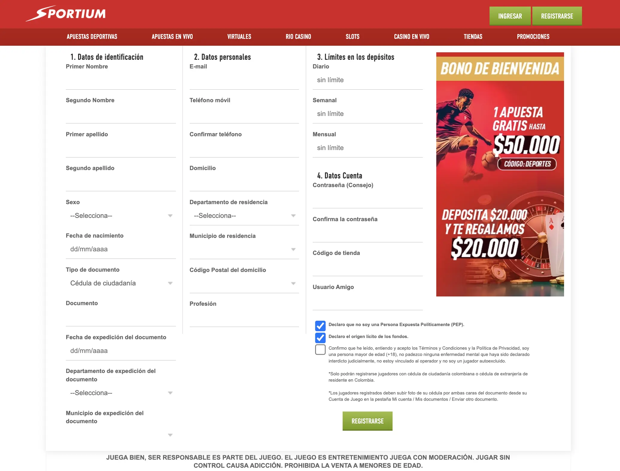 Registro e inicio de sesión en Sportium casino
